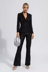 Kaeifa Black Floral Sequin Sheer Lace Blazer Wide Leg Pant Set