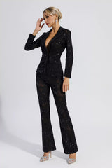 Kaeifa Black Floral Sequin Sheer Lace Blazer Wide Leg Pant Set
