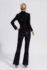 Kaeifa Black Floral Sequin Sheer Lace Blazer Wide Leg Pant Set
