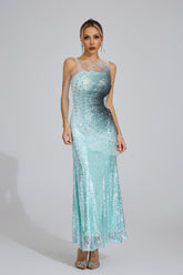 Kaeifa Ice Blue Sequin Sheer Yoke Sleeveless Mermaid Maxi Dress