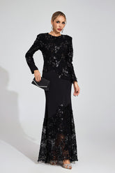 Kaeifa Black Floral Lace Sequin Long Sleeve Maxi Dress