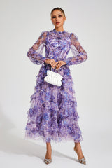 Kaeifa Purple Floral Maxi Dress - High Neck Sheer Sleeve Tiered