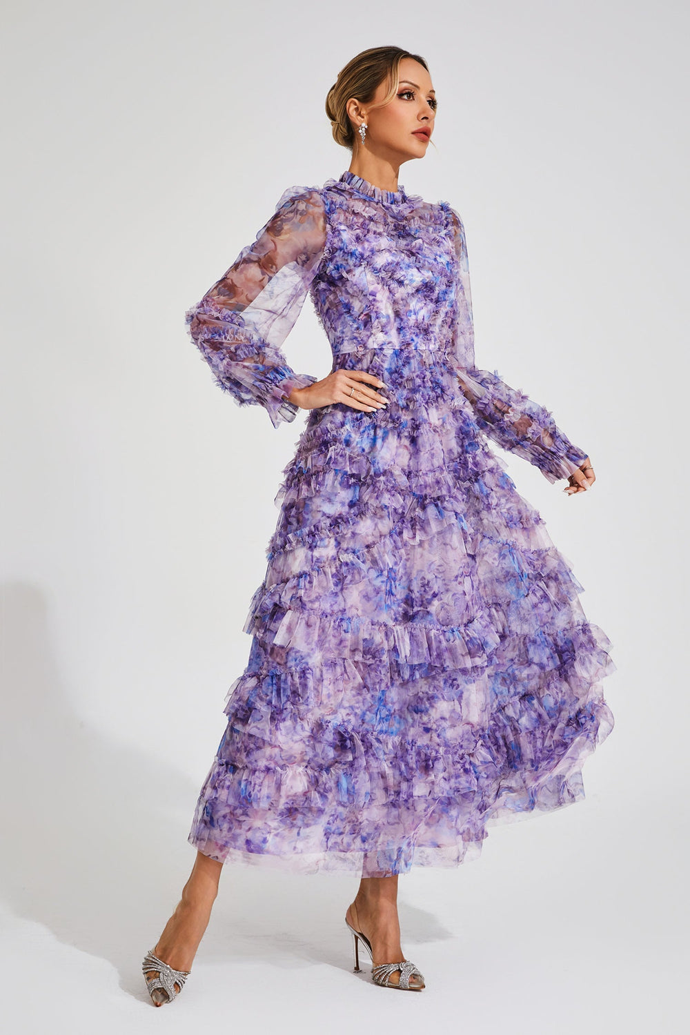 Kaeifa Purple Floral Maxi Dress - High Neck Sheer Sleeve Tiered