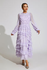 Kaeifa Lavender Floral Midi Dress - High Neck Sheer Sleeve Tiered