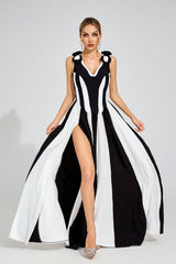 Kaeifa Black White Contrast Stripe 3D Rose A-Line Maxi Gown