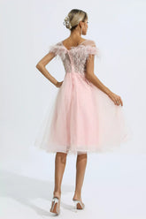 Kaeifa Pink Feather Tulle Party Midi Dress - Off Shoulder Beaded