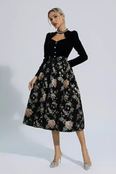 Kaeifa Black Floral Midi Dress - Square Neck Long Sleeve A-Line