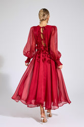 Kaeifa Red Organza 3D Flower V-Neck Puff Sleeve A-Line Midi Dress