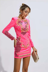 Kaeifa Neon Pink Pearl Crystal Embellished Long Sleeve Bodycon Mini Dress