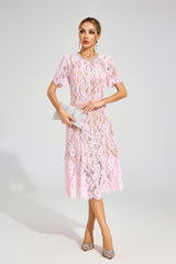 Kaeifa Pink Guipure Lace Round Neck Puff Sleeve Midi Dress