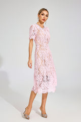 Kaeifa Pink Guipure Lace Round Neck Puff Sleeve Midi Dress