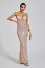 Kaeifa Nude Pink Crystal Beaded Sweetheart Spaghetti Strap Maxi Dress