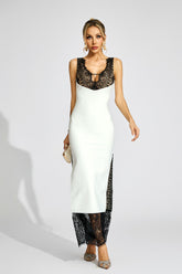 Kaeifa White Black Lace Trim Deep V Sleeveless Slit Maxi Dress
