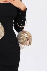 Kaeifa Gold Crystal Tassel Ball Clutch Ring Handle Evening Bag