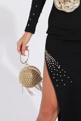 Kaeifa Gold Crystal Tassel Ball Clutch Ring Handle Evening Bag