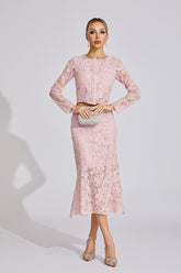 Kaeifa Pink Floral Lace Long Sleeve Crop Top Midi Skirt Set