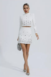 Kaeifa White Crystal Embellished Long Sleeve Crop Top Mini Skirt Set