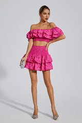 Kaeifa Hot Pink Lace Eyelet Off Shoulder Smocked Ruffle Mini Skirt Set