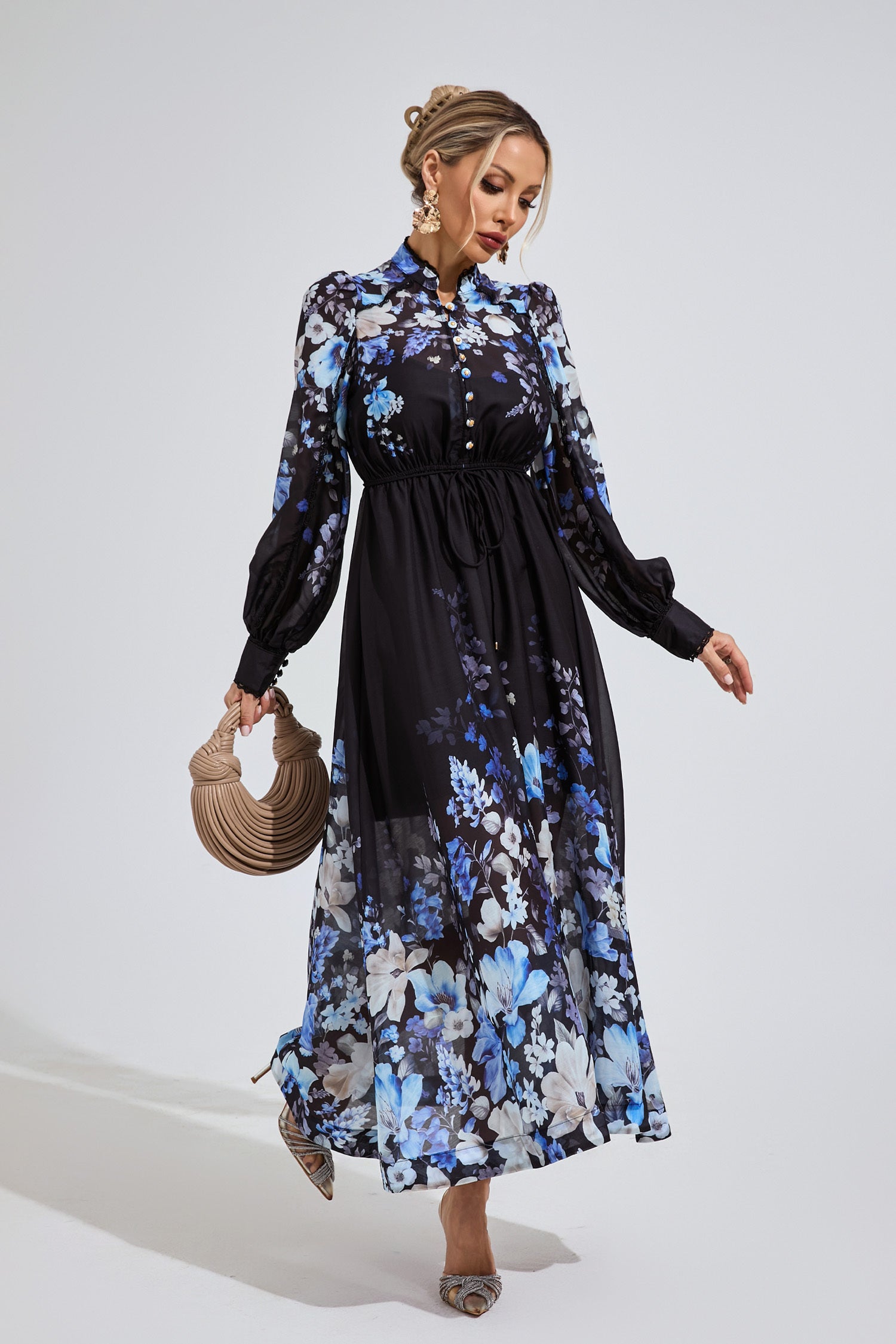 Kaeifa Black Blue Floral Chiffon Mock Neck Belted A-Line Maxi Dress