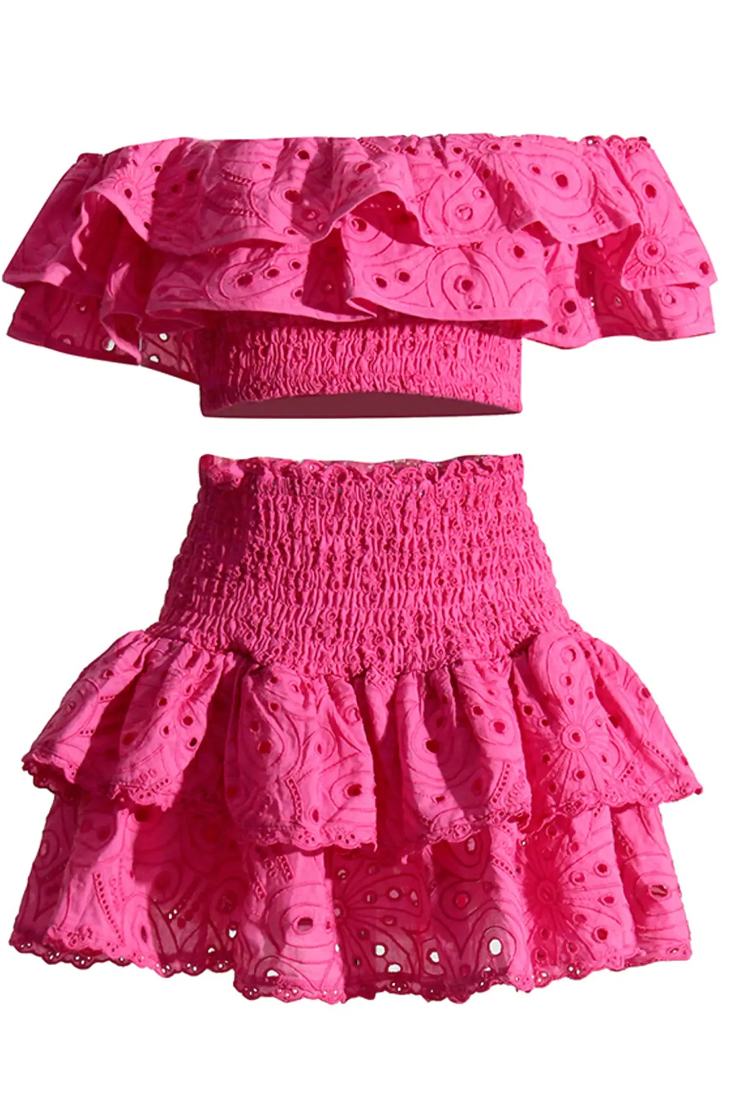 Kaeifa Hot Pink Lace Eyelet Off Shoulder Smocked Ruffle Mini Skirt Set