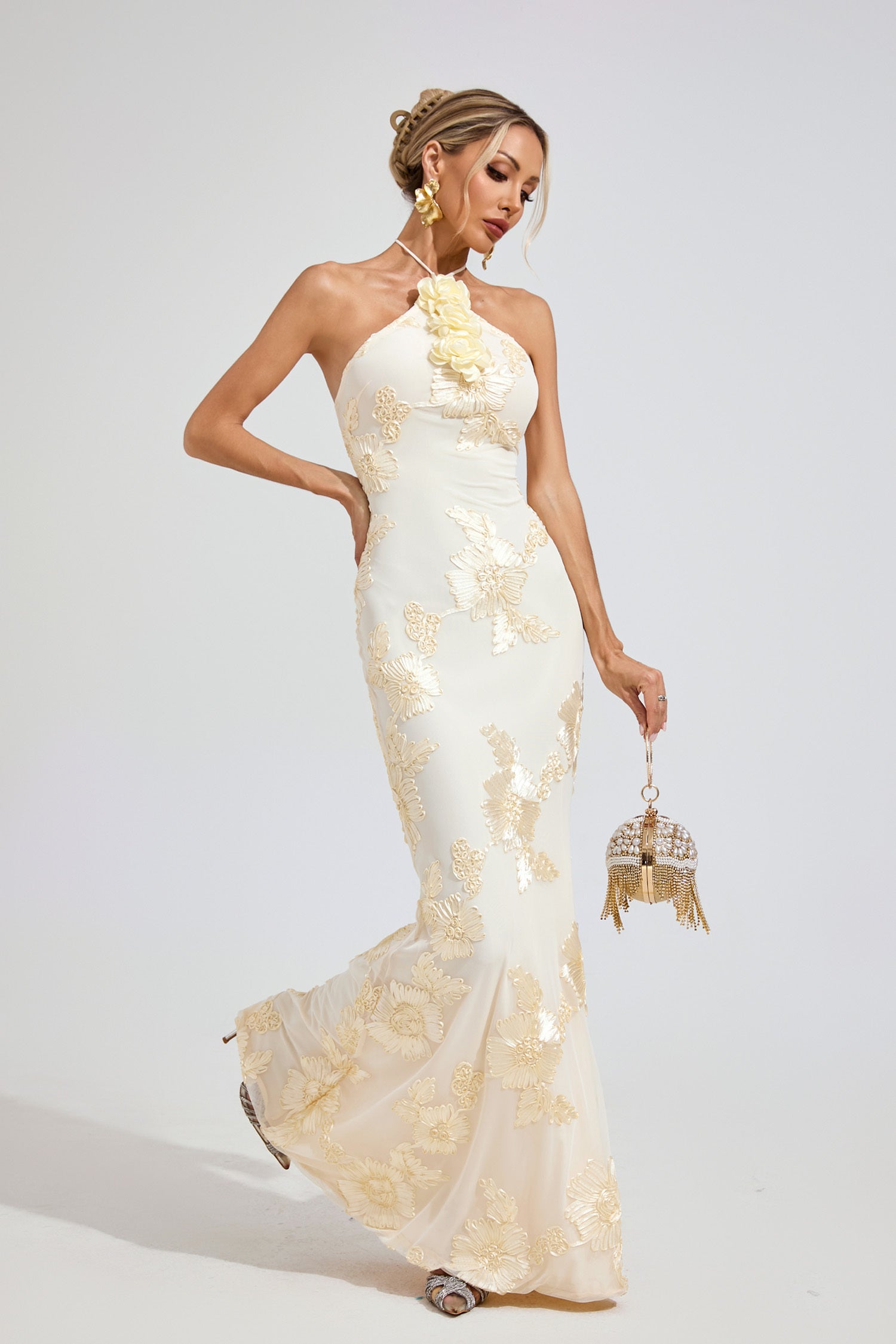 Kaeifa Ivory Gold Floral Maxi Dress - One Shoulder Mermaid