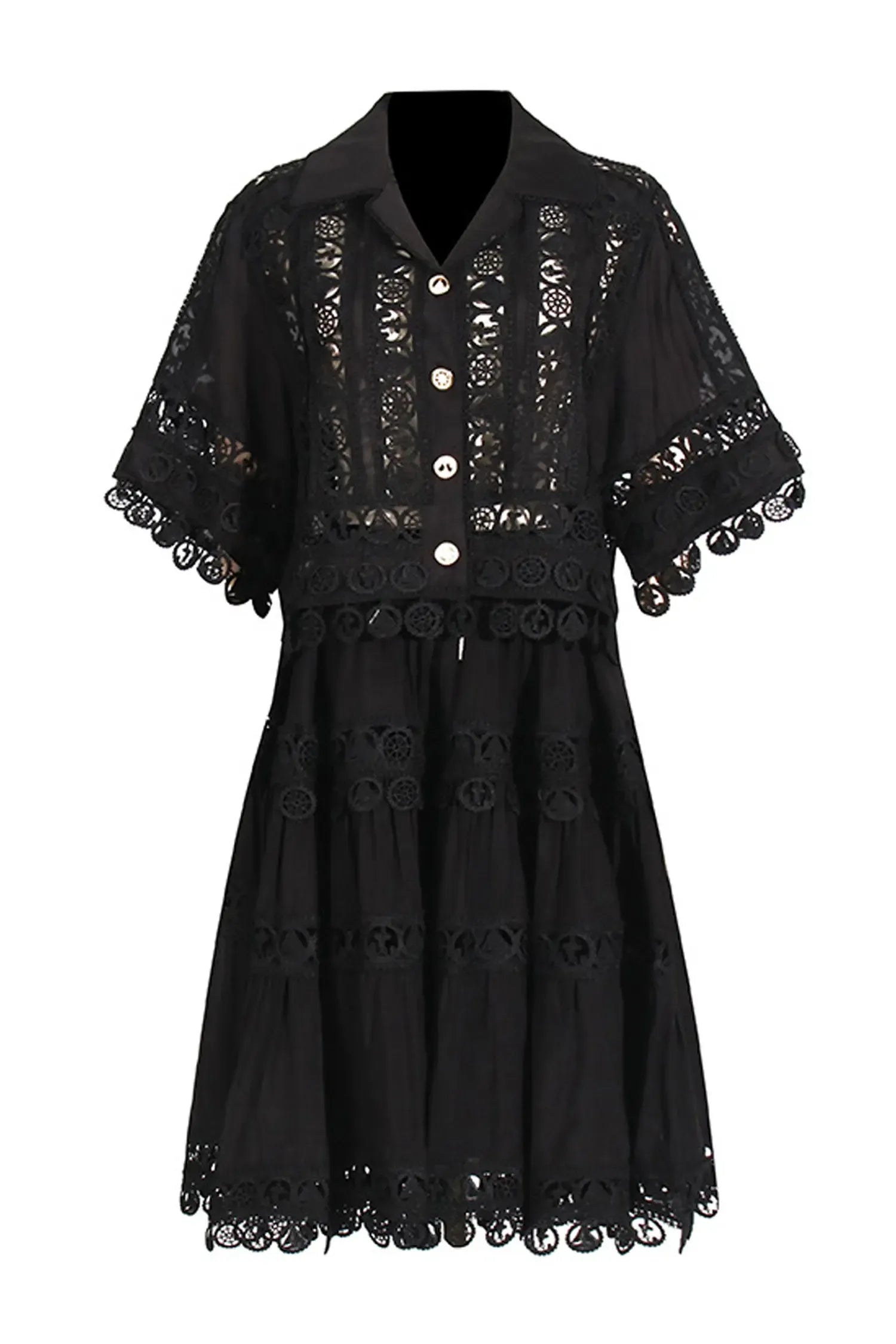 Kaeifa Black Guipure Lace Collar Batwing Sleeve Drawstring Midi Dress