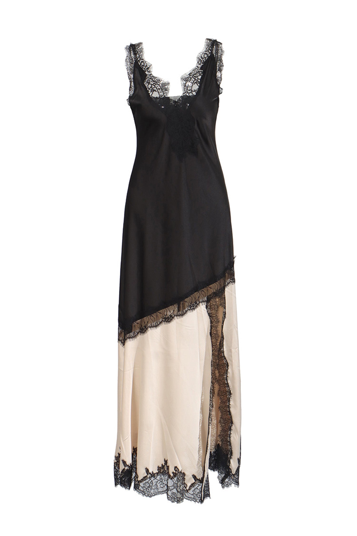 Kaeifa Black Beige Contrast Lace Edge Deep V Slip Maxi Dress