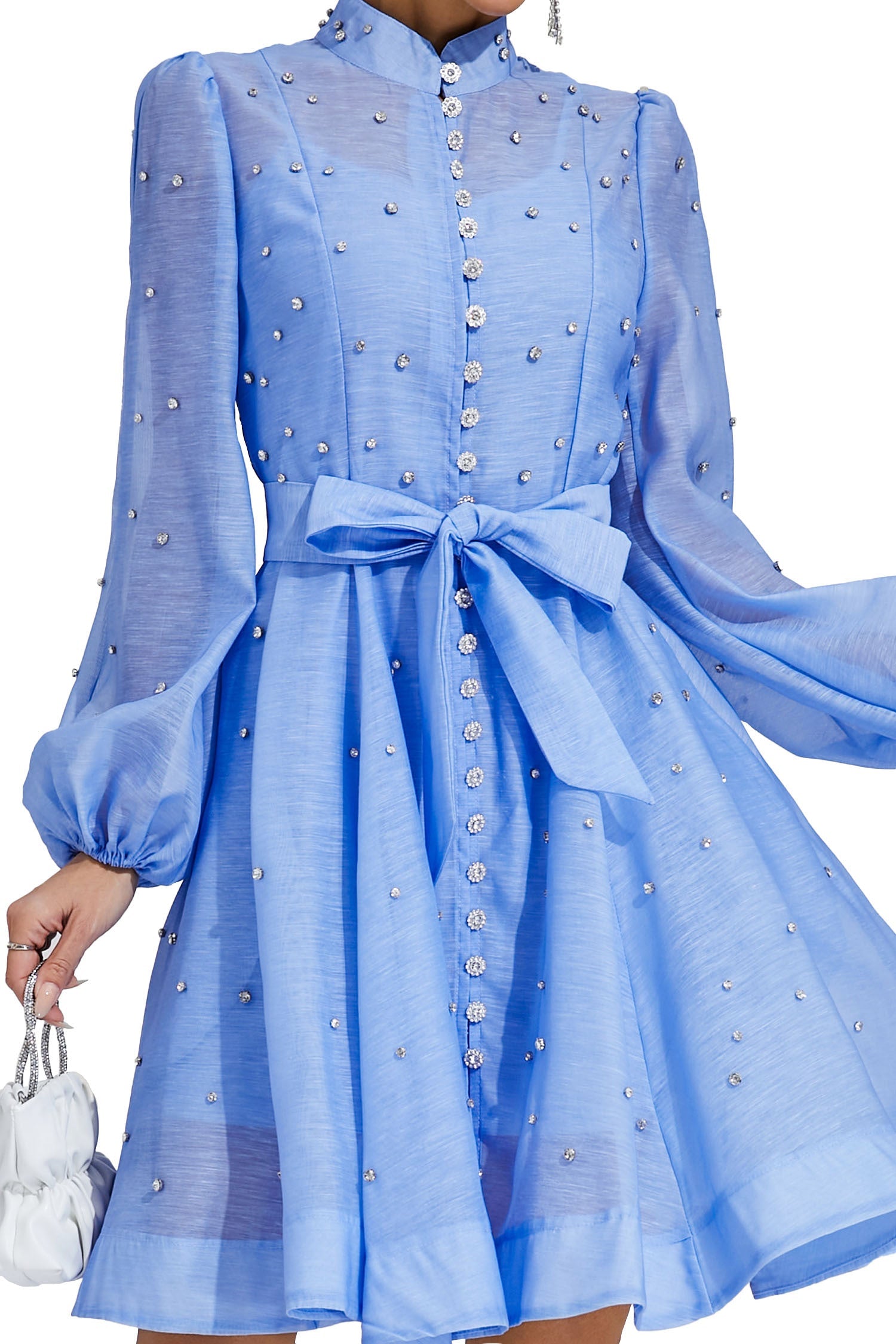 Kaeifa Blue Embellished Mini Dress - High Neck Bishop Sleeve Belted