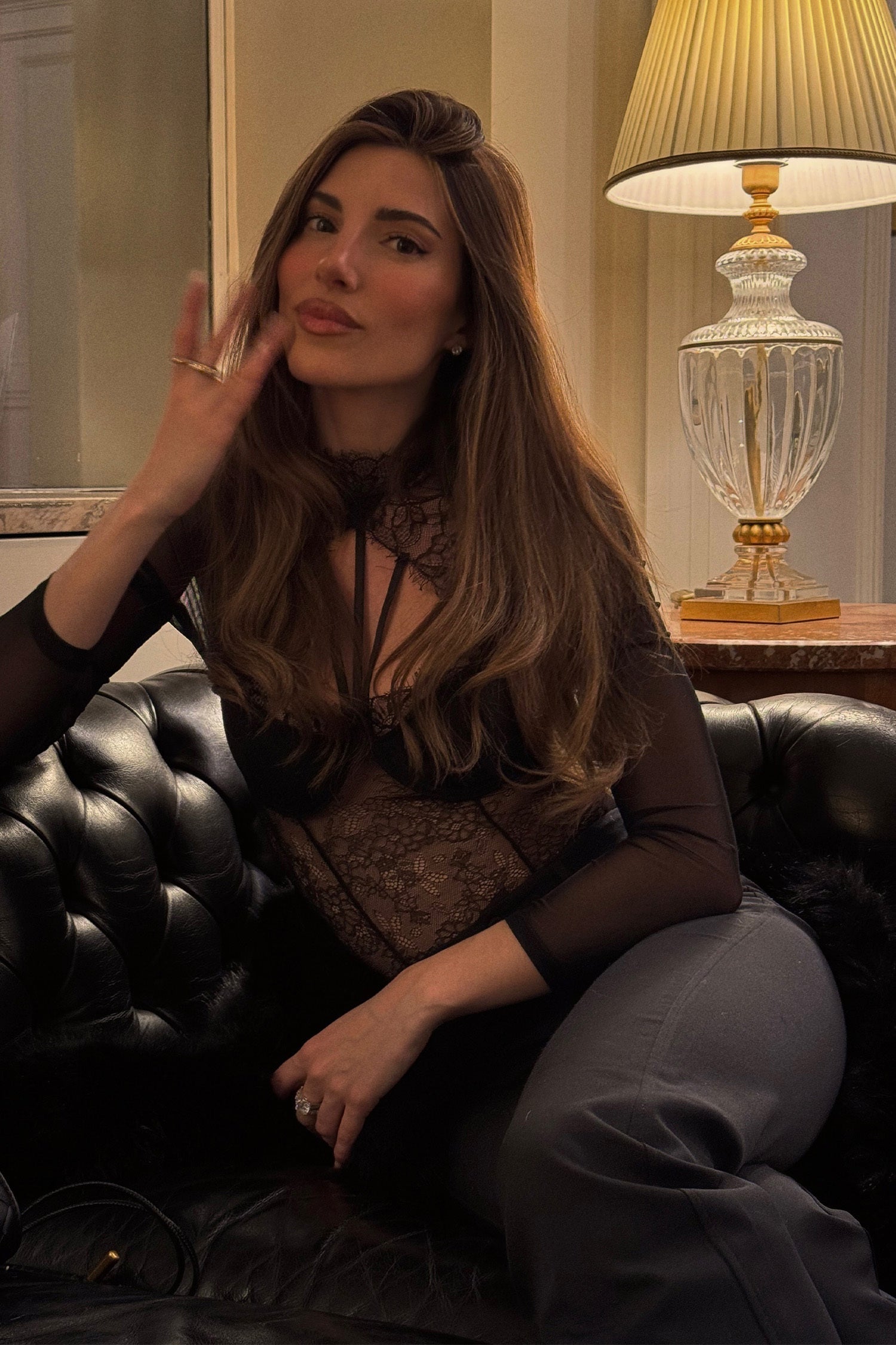 Kaeifa Black Floral Lace Sheer High Neck Long Sleeve Strappy Bodysuit