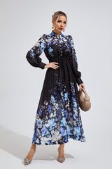 Kaeifa Black Blue Floral Chiffon Mock Neck Belted A-Line Maxi Dress