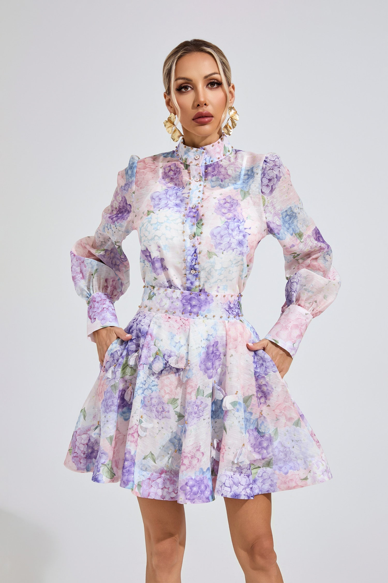 Kaeifa Purple Floral Mini Dress - High Neck Sheer Sleeve A-Line