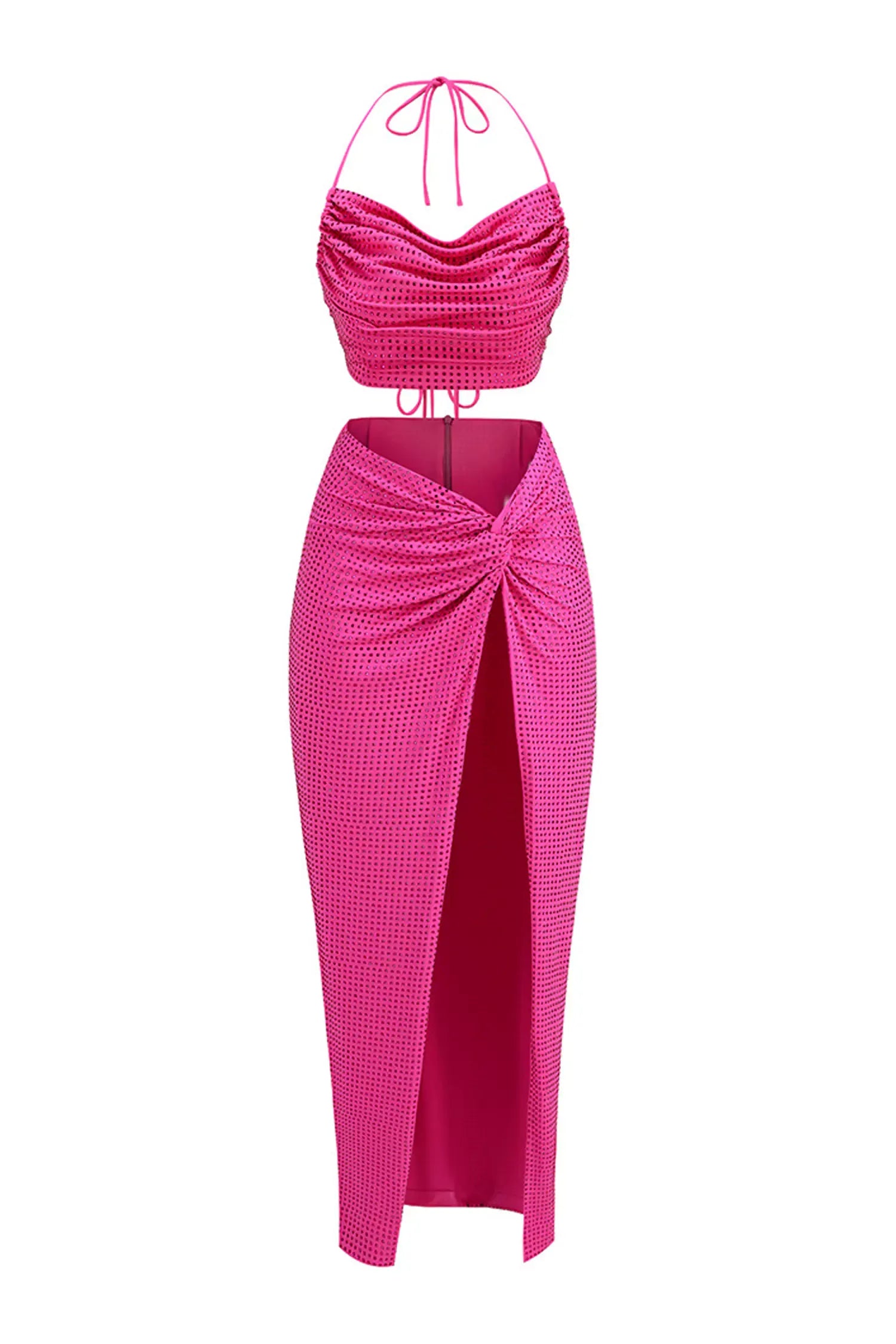 Kaeifa Hot Pink Sequin Halter Ruched Crop Top High Split Maxi Skirt Set