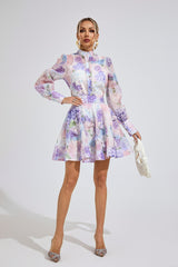 Kaeifa Purple Floral Mini Dress - High Neck Sheer Sleeve A-Line