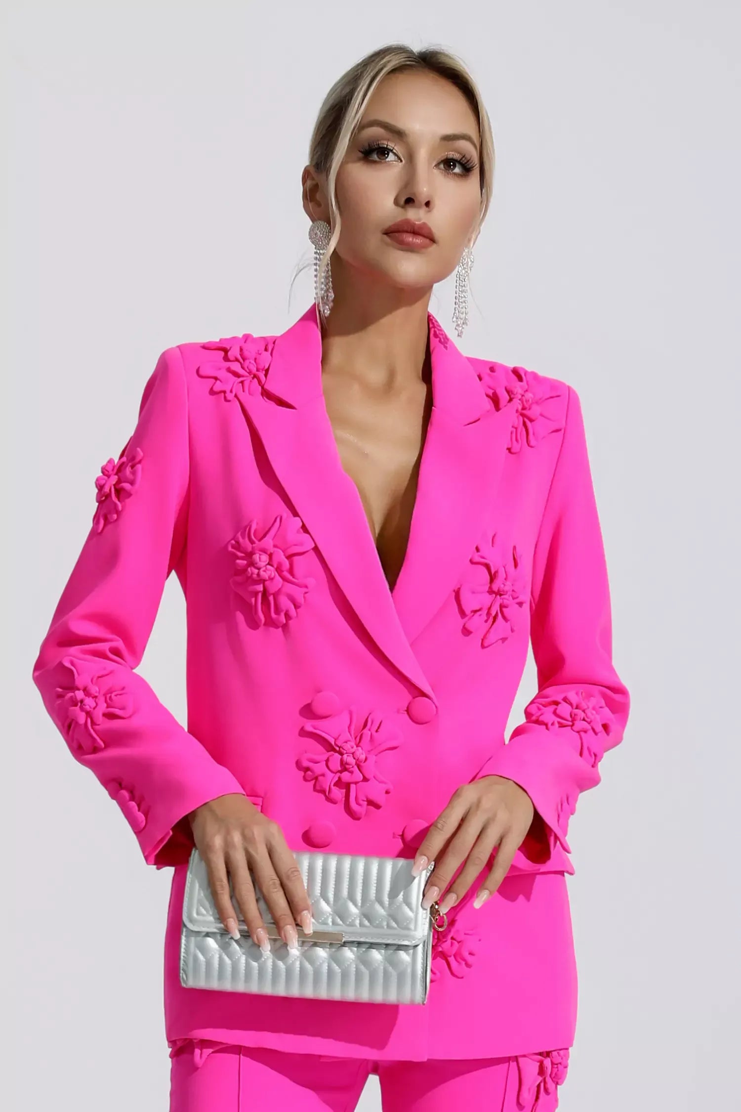 Kaeifa Fuchsia 3D Flower Applique Blazer Wide Leg Pants Co-ord