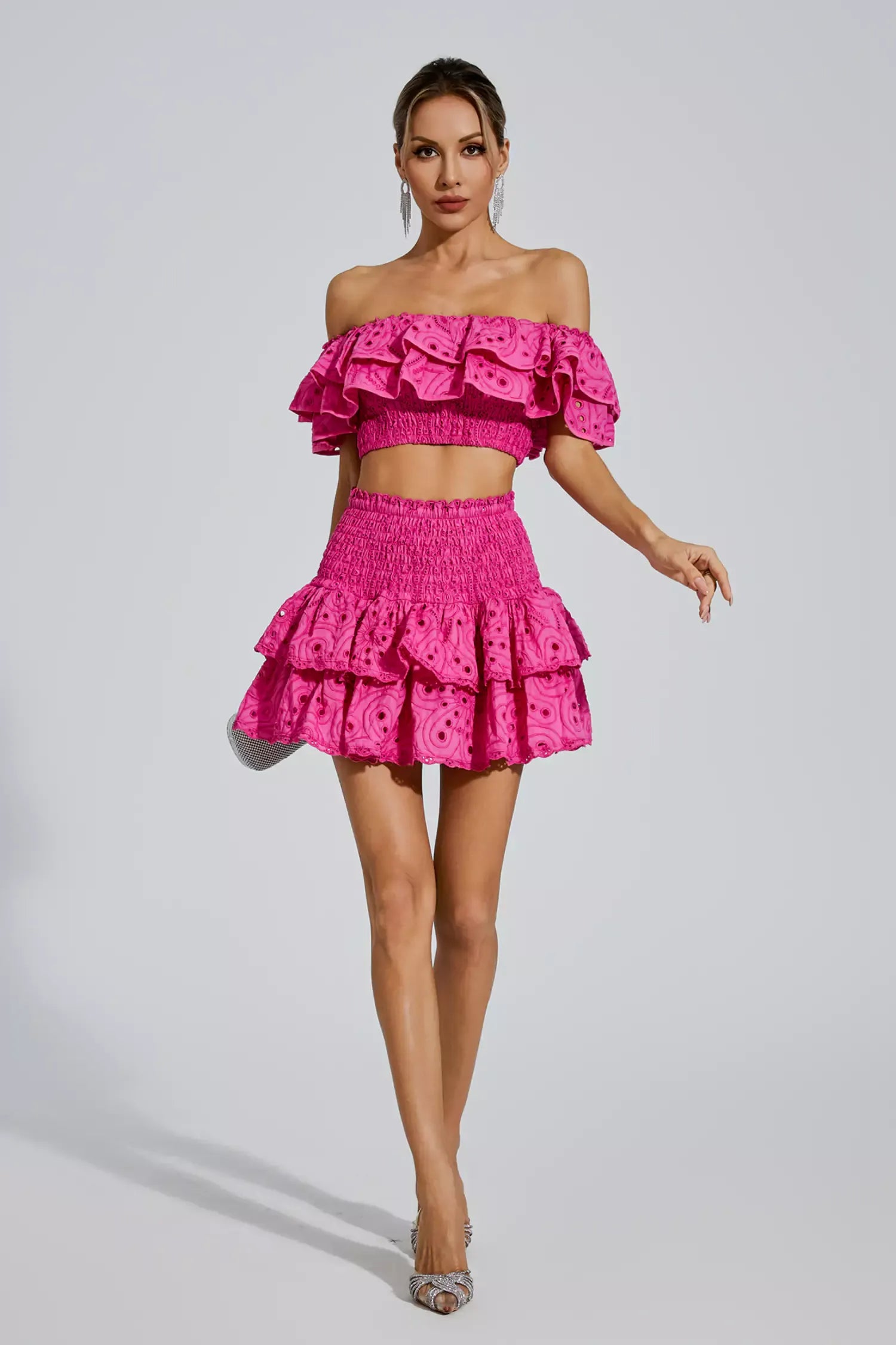 Kaeifa Hot Pink Lace Eyelet Off Shoulder Smocked Ruffle Mini Skirt Set