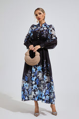 Kaeifa Black Blue Floral Chiffon Mock Neck Belted A-Line Maxi Dress