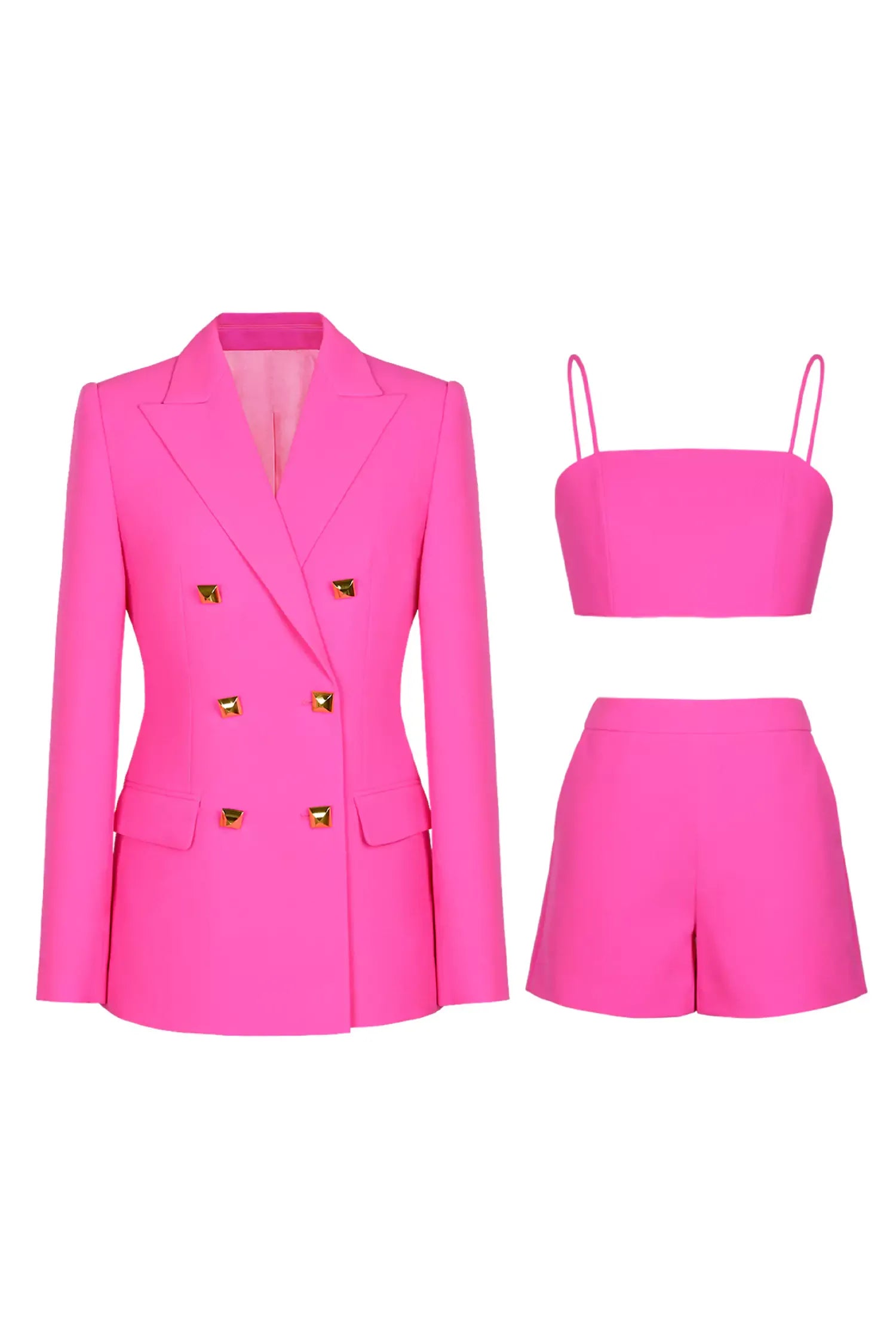 Kaeifa Hot Pink Bandeau Crop Top Shorts Blazer Three-Piece Set