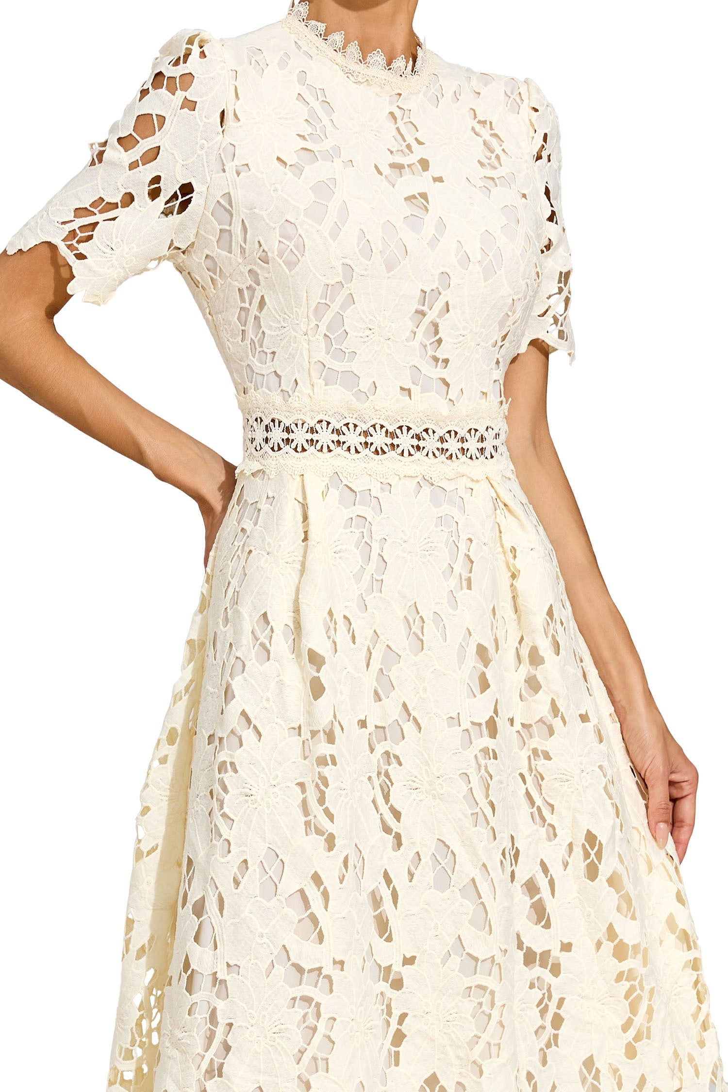 Kaeifa Cream Lace Midi Dress - High Neck Short Sleeve A-Line