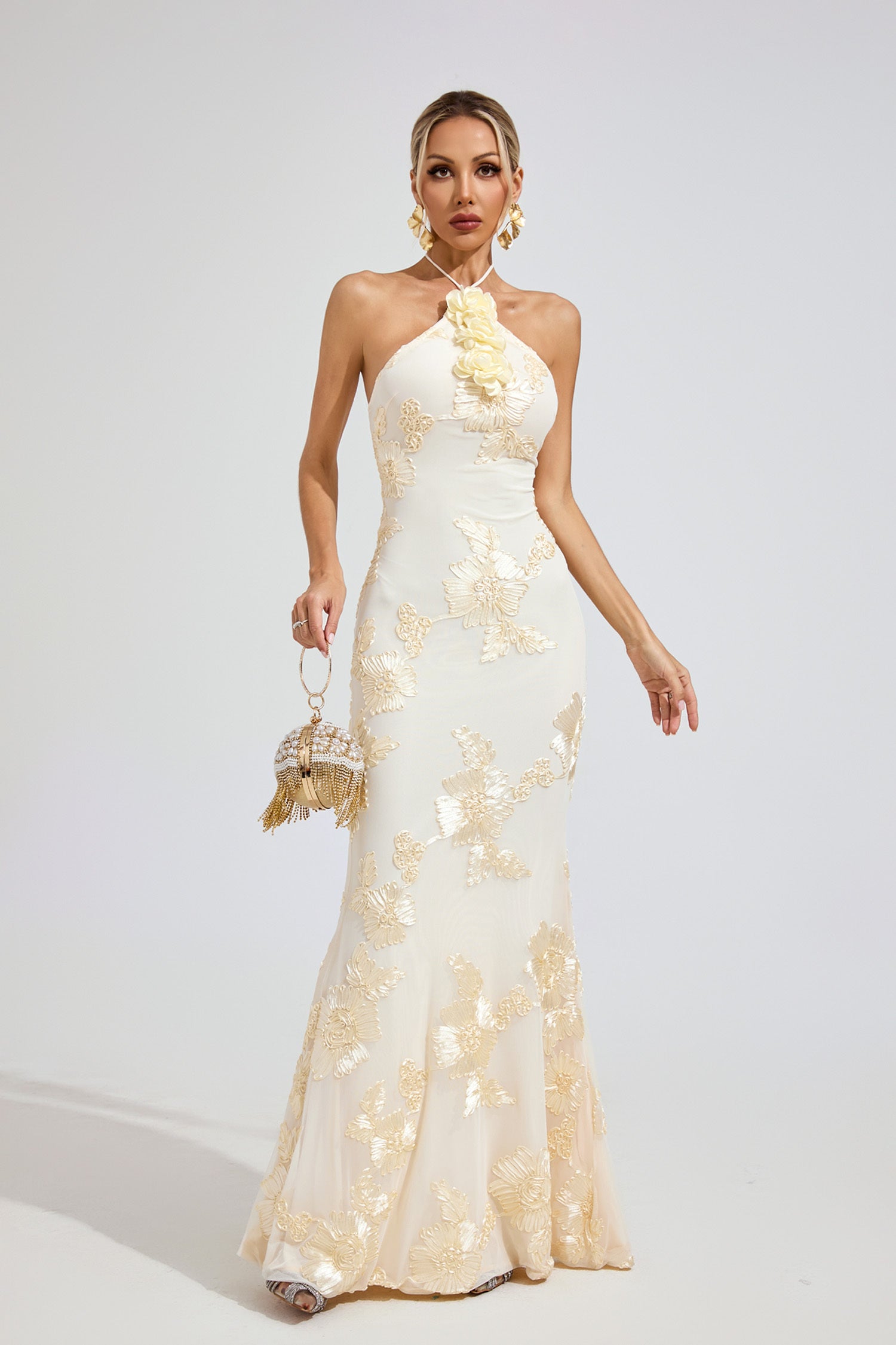 Kaeifa Ivory Gold Floral Maxi Dress - One Shoulder Mermaid