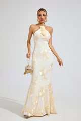 Kaeifa Ivory Gold Floral Maxi Dress - One Shoulder Mermaid