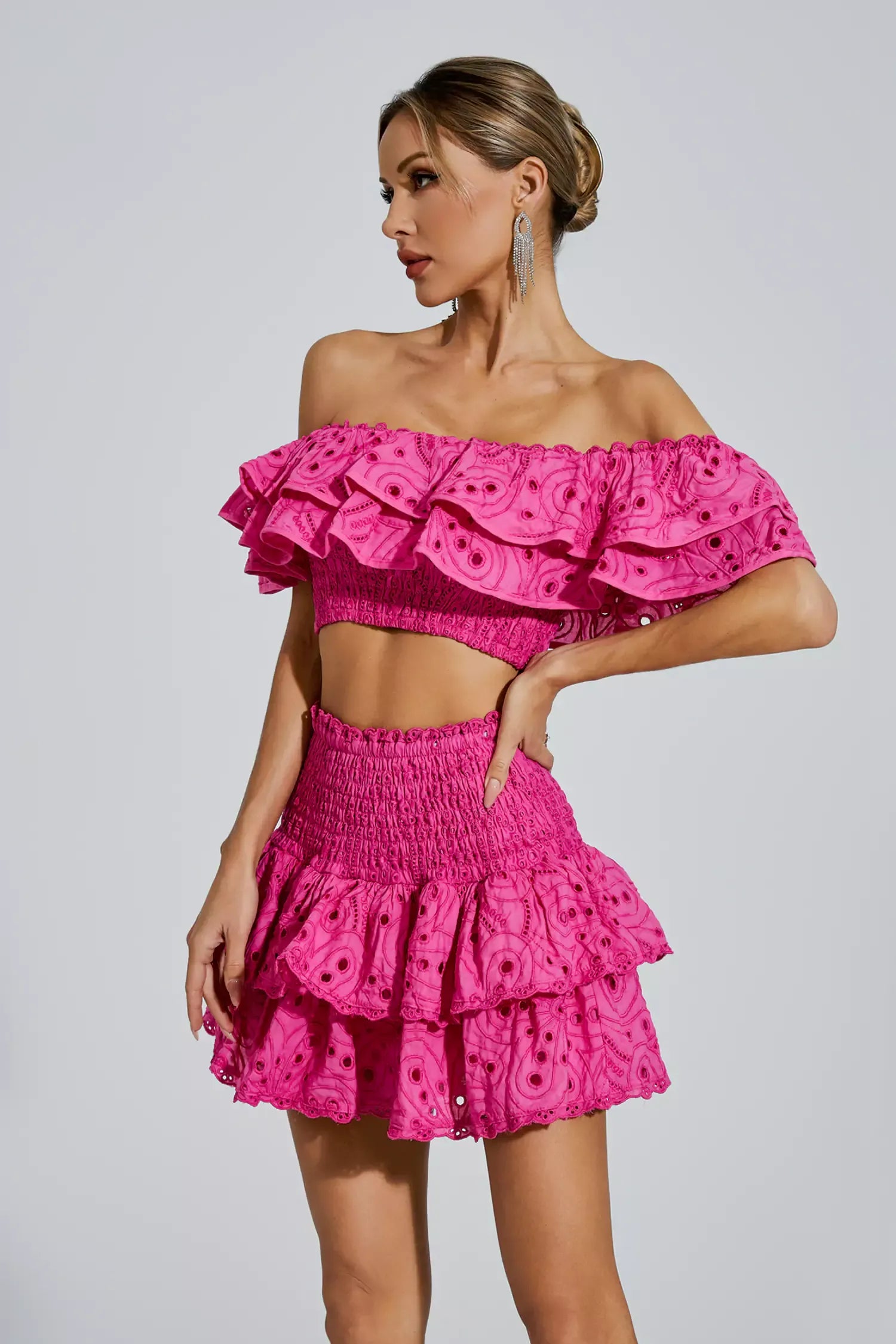 Kaeifa Hot Pink Lace Eyelet Off Shoulder Smocked Ruffle Mini Skirt Set