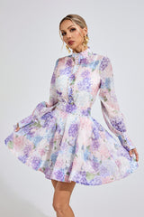 Kaeifa Purple Floral Mini Dress - High Neck Sheer Sleeve A-Line
