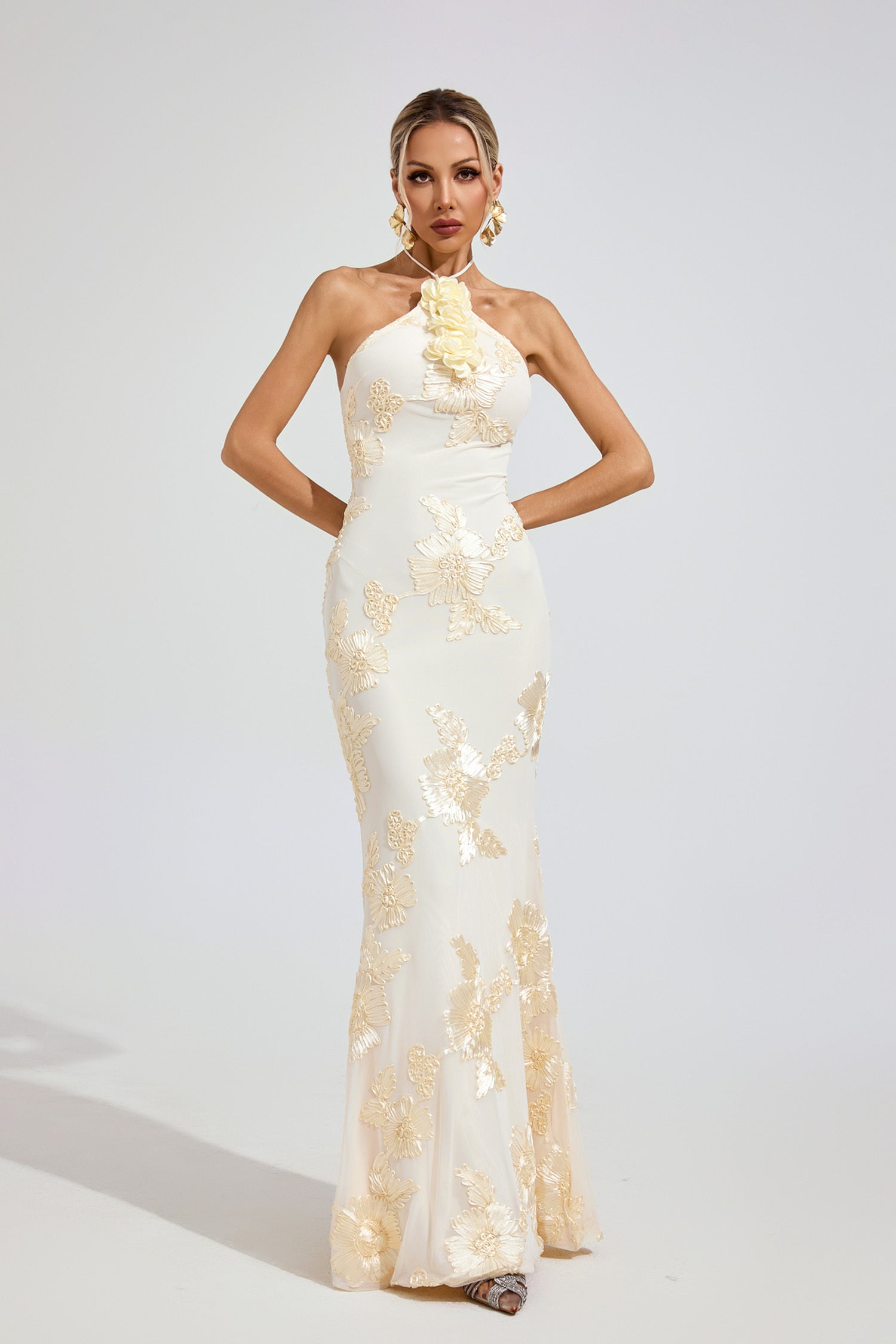 Kaeifa Ivory Gold Floral Maxi Dress - One Shoulder Mermaid