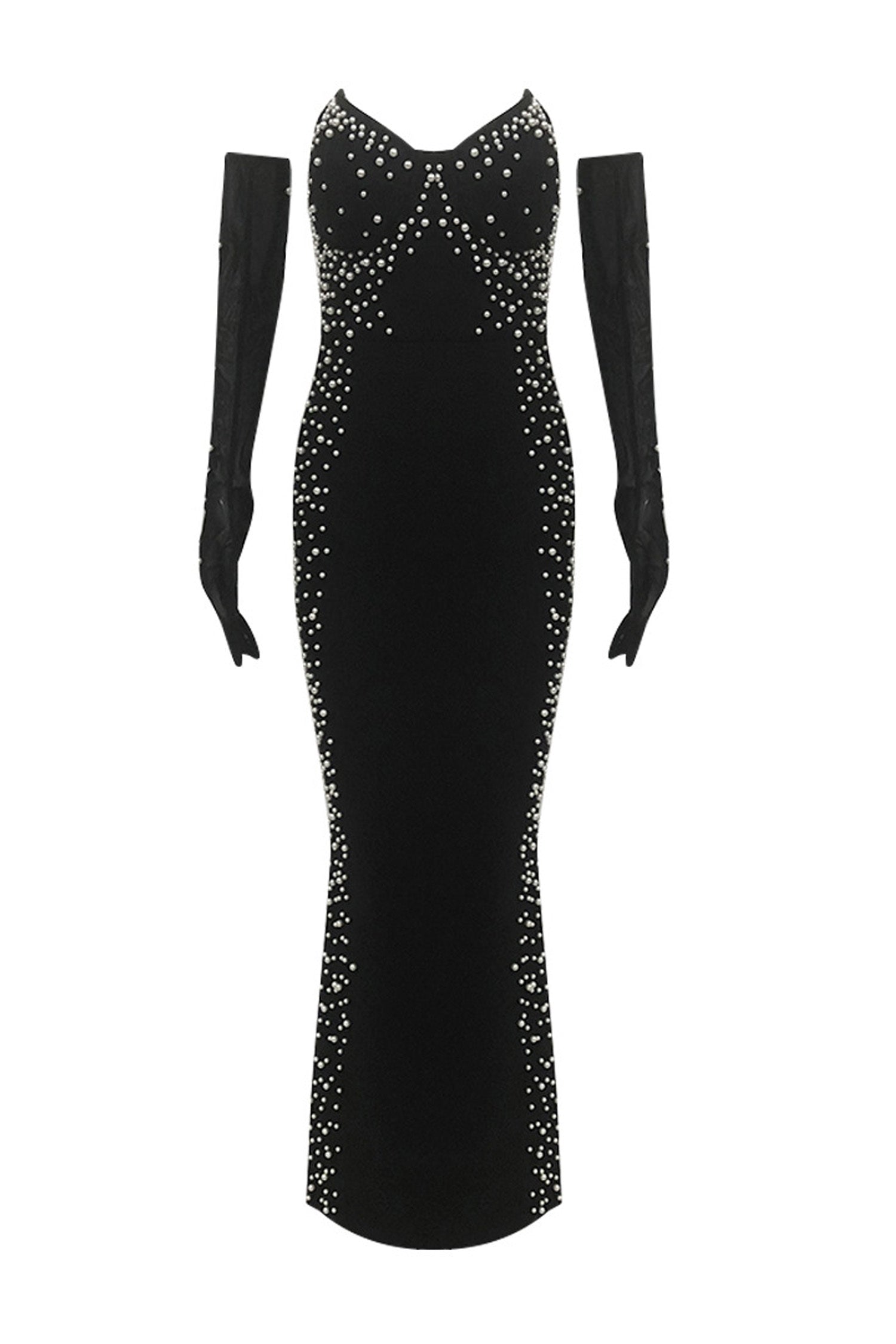 Kaeifa Black Pearl Embellished Strapless Sweetheart Maxi Dress