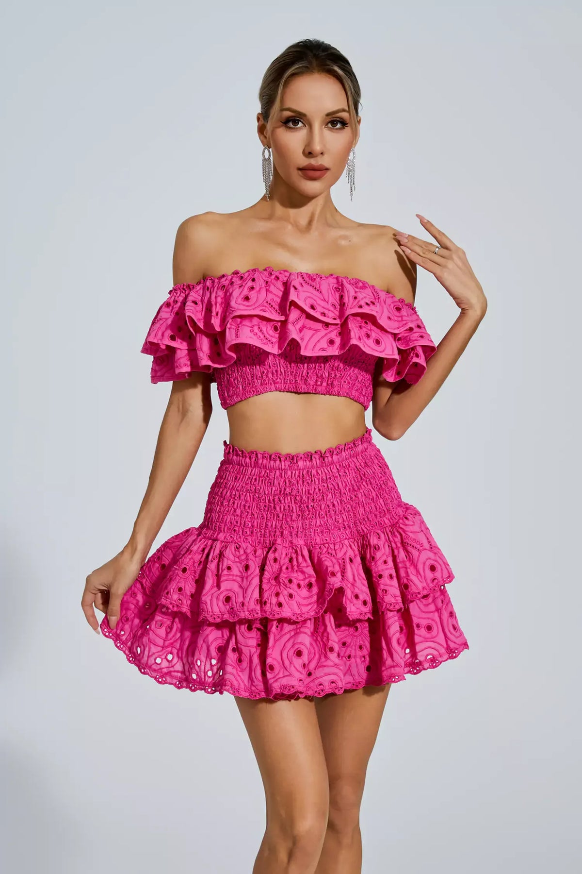 Kaeifa Hot Pink Lace Eyelet Off Shoulder Smocked Ruffle Mini Skirt Set
