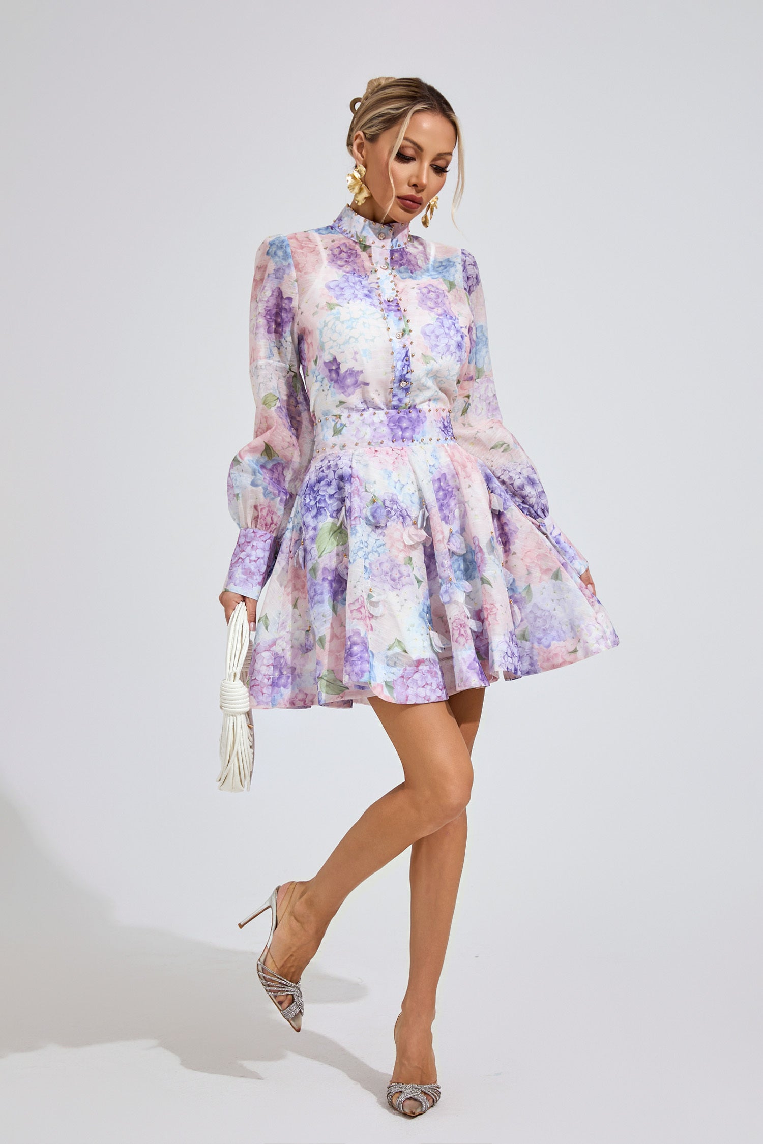 Kaeifa Purple Floral Mini Dress - High Neck Sheer Sleeve A-Line