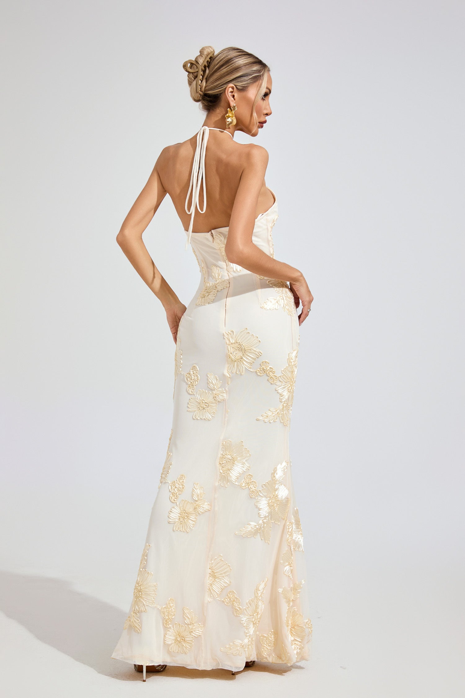 Kaeifa Ivory Gold Floral Maxi Dress - One Shoulder Mermaid