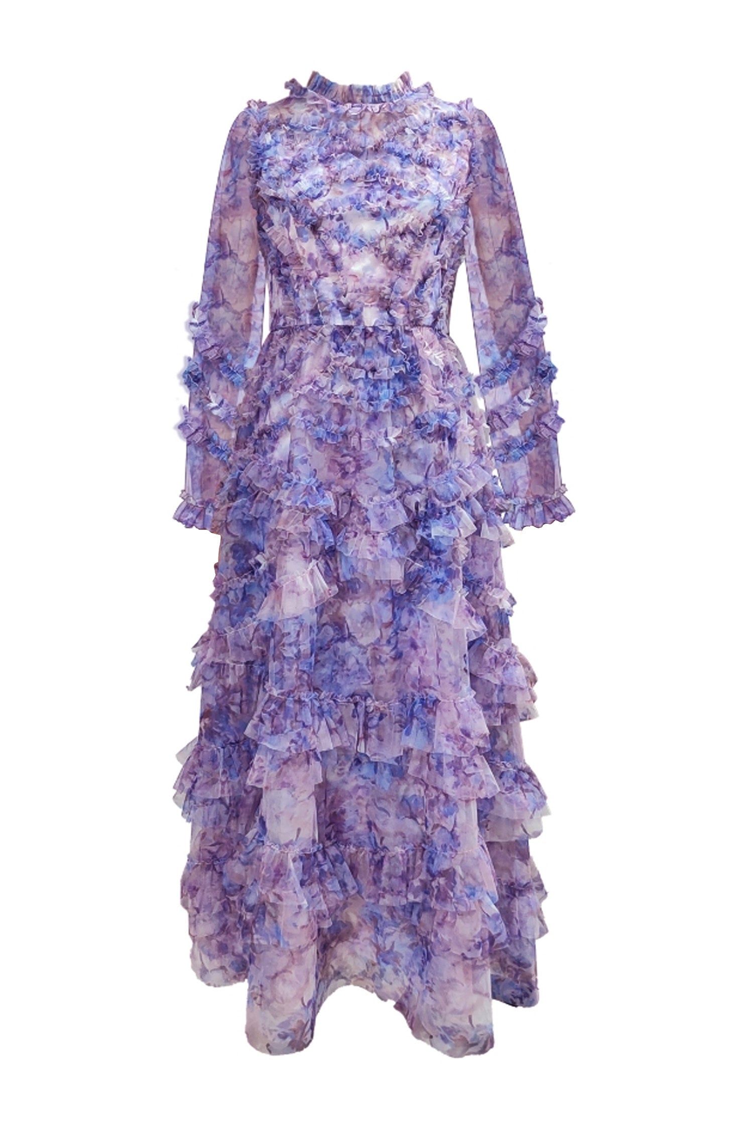 Kaeifa Purple Floral Maxi Dress - High Neck Sheer Sleeve Tiered
