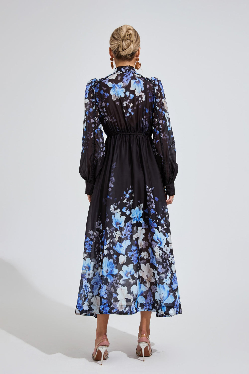 Kaeifa Black Blue Floral Chiffon Mock Neck Belted A-Line Maxi Dress