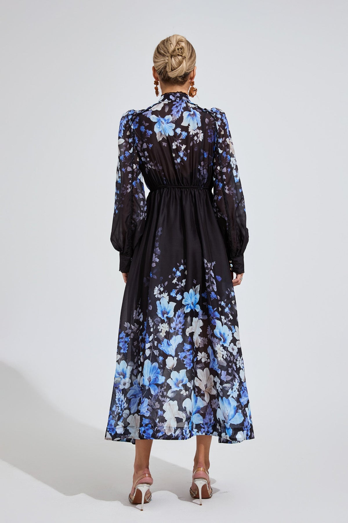 Kaeifa Black Blue Floral Chiffon Mock Neck Belted A-Line Maxi Dress